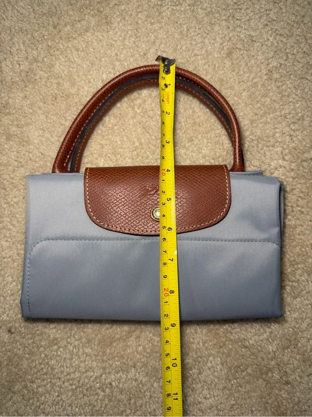 Longchamp Le Pliage Women's Tote Bag in Light Blue with Brown Trim - Picture 7 of 12